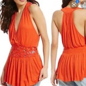 Free People Orange Crochet-Waist Sleeveless Tank medium